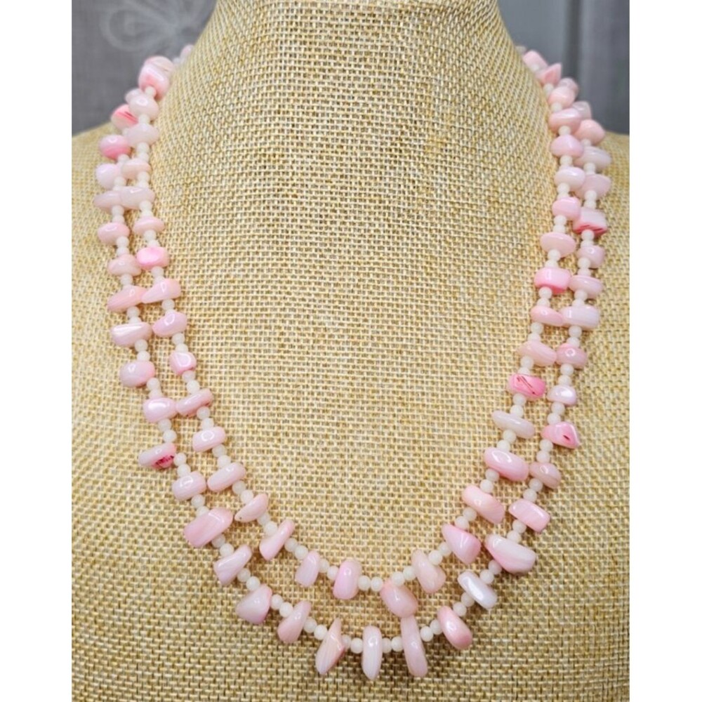 Vintage Pink Shell Beads & White Round Beaded Double Strand Necklace Japan 20"
